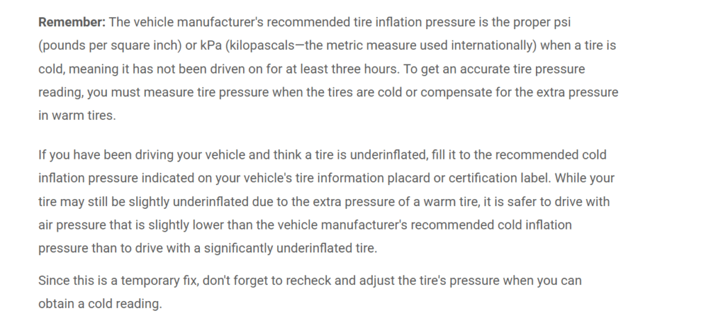 reccomended tire inflation pressure